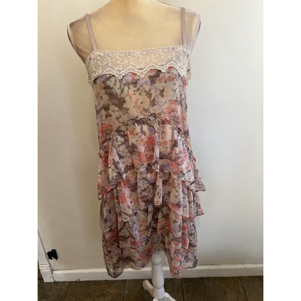 Floral Tiered Ruffle Slip Dress Lace‎ Trim Sheer Mauve Peach Boho Cottagecore
